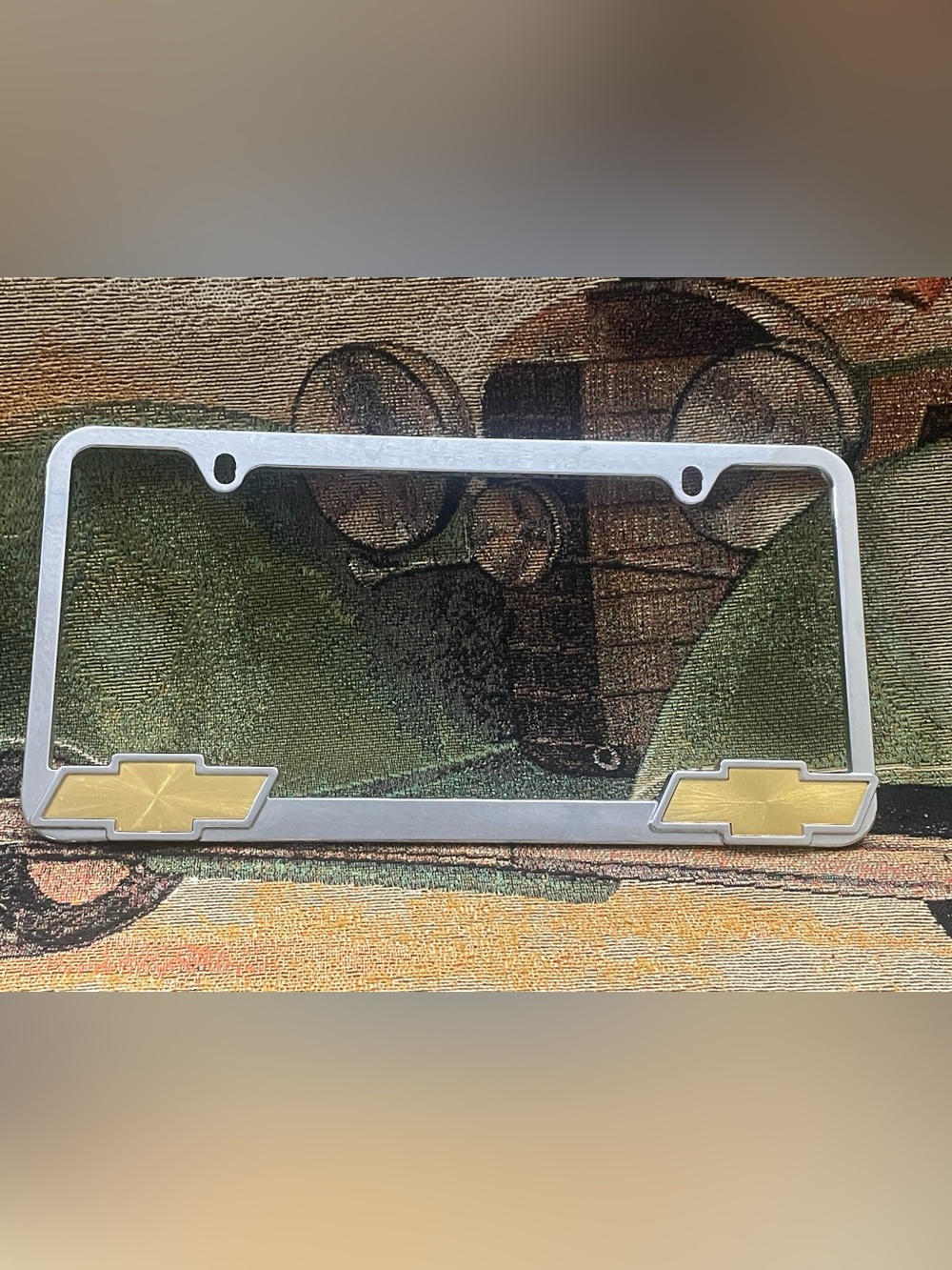 Vintage Chevrolet License Plate Frame Heavy Steel w/ Brushed Goldtone Bowties
